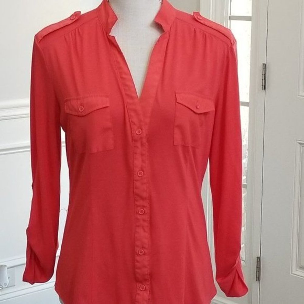 Miss Tina Coral Top with Button Tab Sleeves Size Medium